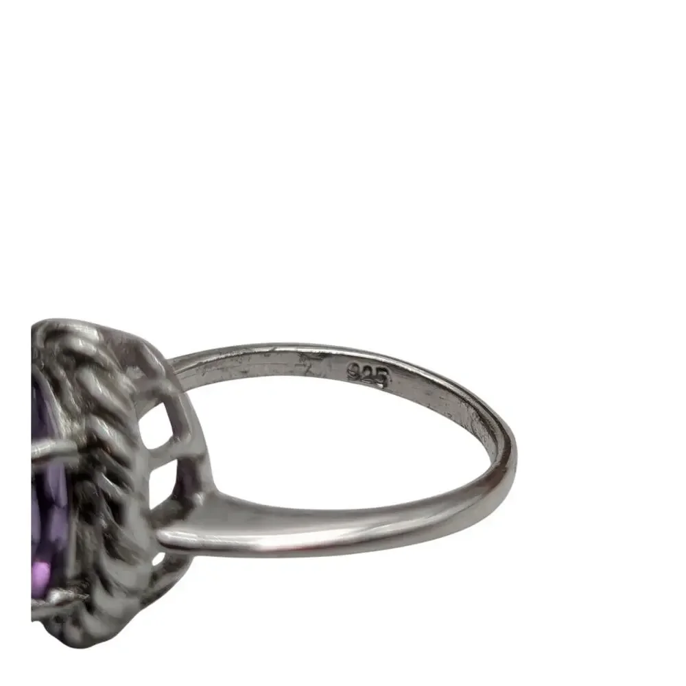 925 Sterling Silver Lg Oval Facet Cut Amethyst Twisted Rope Surround Ring Sz 7